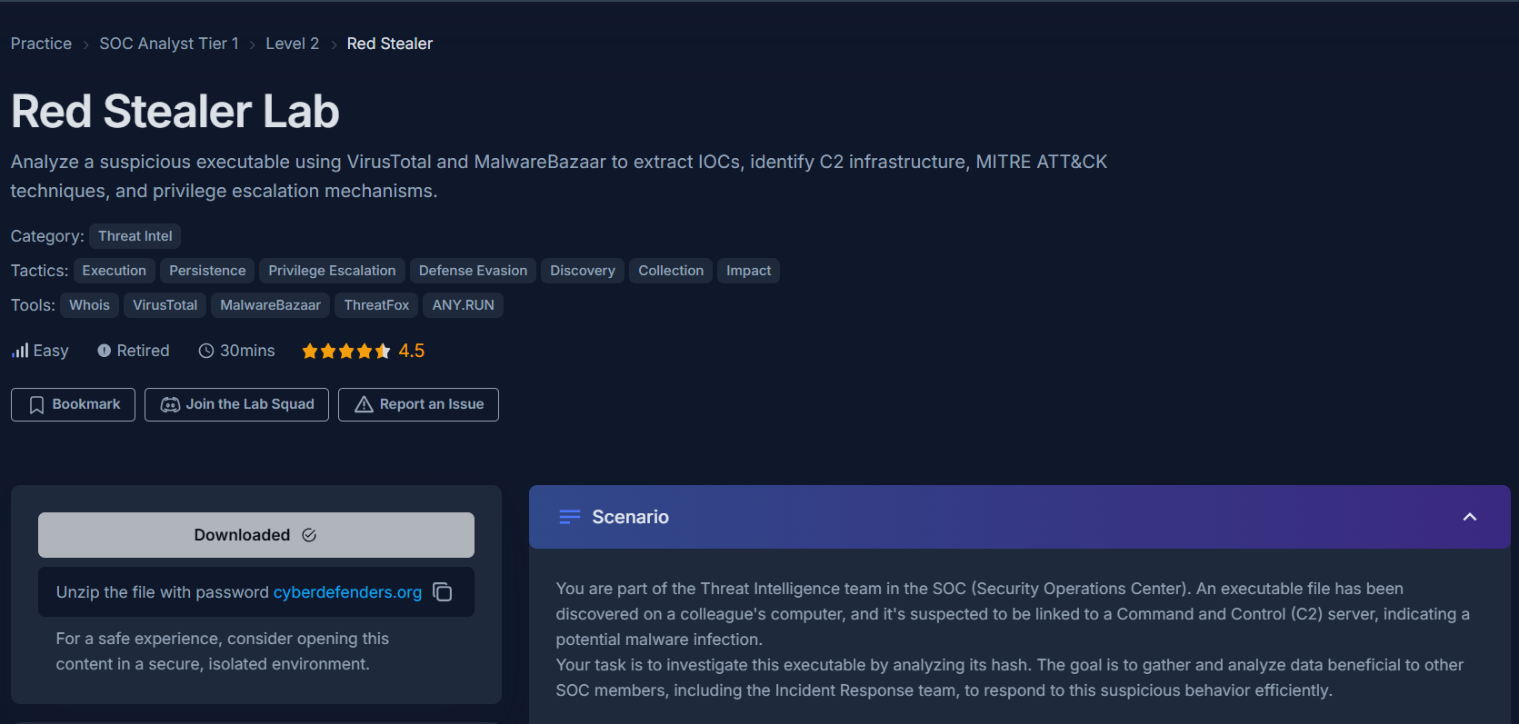 CyberDefenders Red Stealer Lab page showing the challenge overview and scenario: an executable has been discovered on a colleague's computer suspected to be linked to a C2 server. Tactics include Execution, Persistence, Privilege Escalation, Defense Evasion, Discovery, Collection, and Impact.